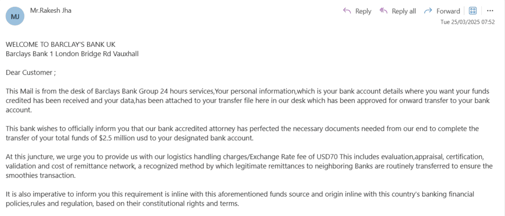 Screenshot of a fraudulent email impersonating Barclays Bank, demanding a $70 transfer fee