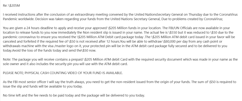 Scam email from Mrs. Cathleen C, / Christopher Wray impersonating the FBI and UN, falsely claiming a $205 million ATM debit card is available for a $50 fee