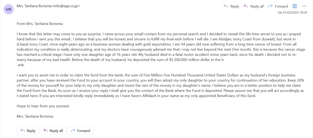 **Alt text:** Screenshot of a scam email from 'Mrs. Tantiana Borisma ' claiming to offer $5.5 million USD as inheritance, requesting adoption of her daughter and urging the recipient to act urgently.