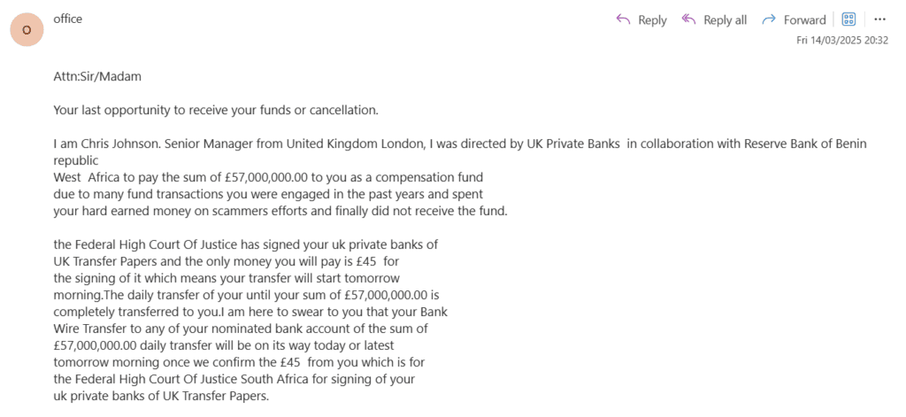 Screenshot of scam email from Chris Johnson UK Private Banks