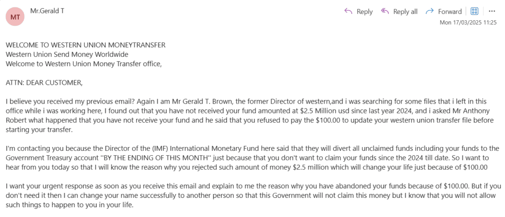 Screenshot of a phishing email impersonating Western Union. The email, sent by 'Mr. Gerald T. Brown,' falsely claims that the recipient is owed $2.5 million but must pay a small fee via gift cards to claim it. The message contains threats, urgency, and fake transaction details, making it a classic example of an advance-fee fraud scam