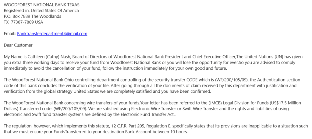 A fraudulent email impersonating Woodforest National Bank, falsely claiming a $17.5 million fund transfer and requesting a $49 fee via gift cards.