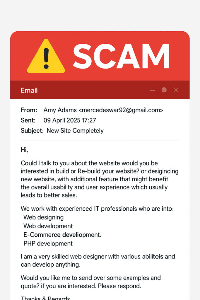 Warning-themed graphic showing an unsolicited email from a fake web designer named "Amy Adams" offering website development services.
