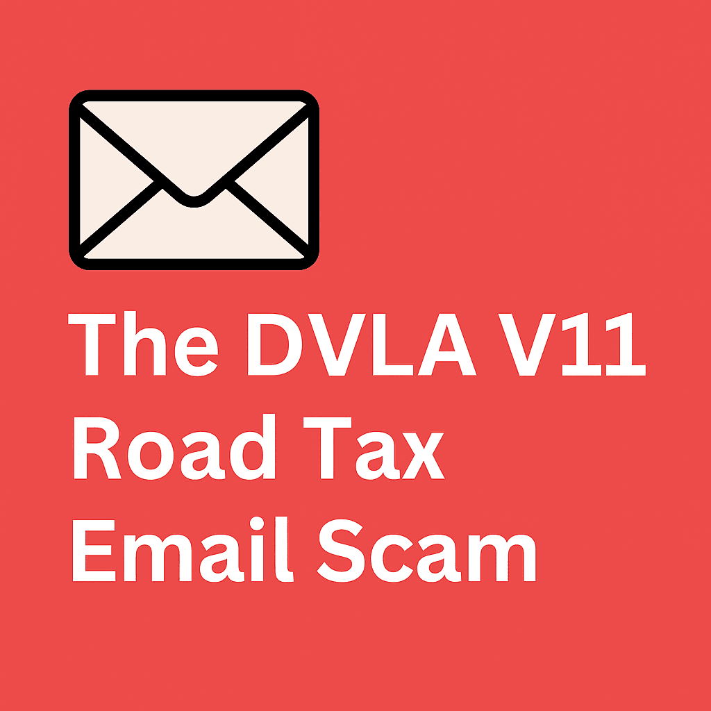 Illustration warning about the DVLA V11 road tax email scam targeting UK drivers with fake tax renewal messages.