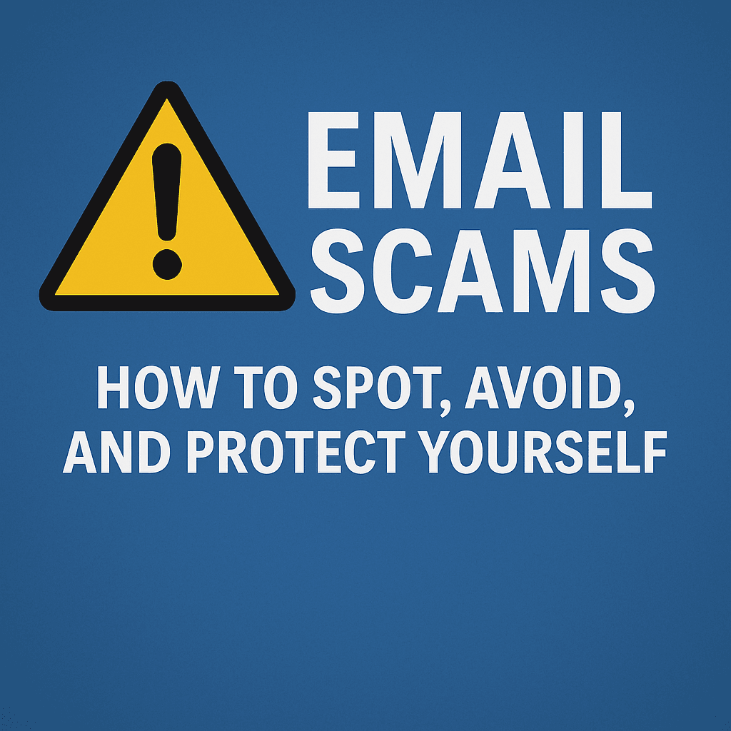 Digital warning graphic about email scams with a red alert icon.