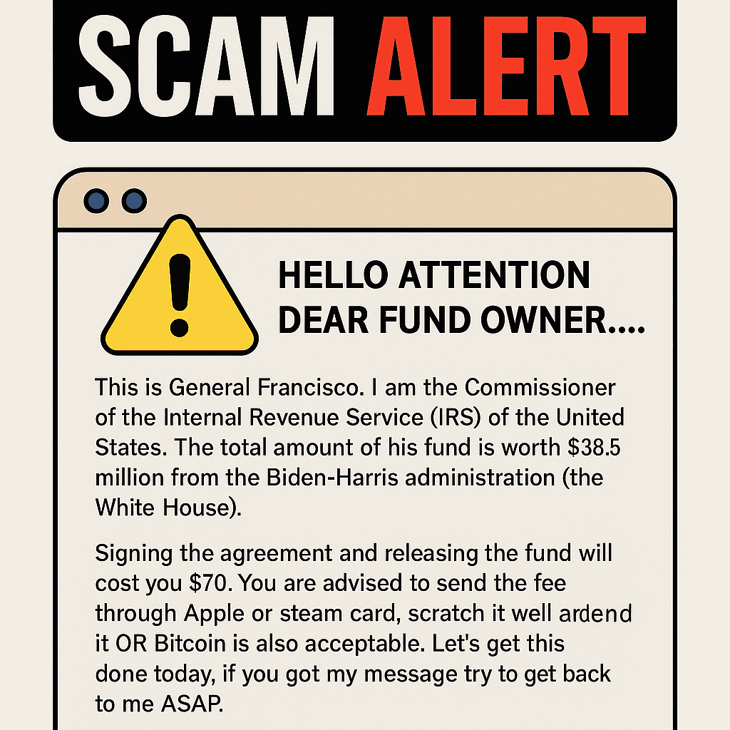 Warning graphic showing a fake IRS email scam demanding $70 via Apple or Steam gift cards for a false $38.5 million payout.