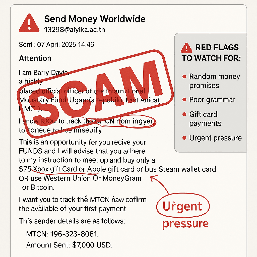 A phishing email screenshot with a large red "SCAM" stamp across it. The email claims to be from an IMF official and requests payment via gift cards, Bitcoin, or money transfer. A sidebar highlights scam red flags like poor grammar and urgent money demands.