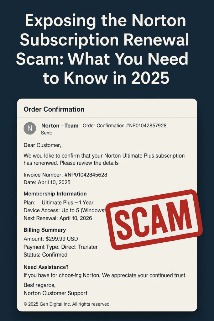 Warning graphic highlighting the Norton subscription renewal scam email, featuring fake invoice details and a bold red “SCAM” stamp to alert users.
