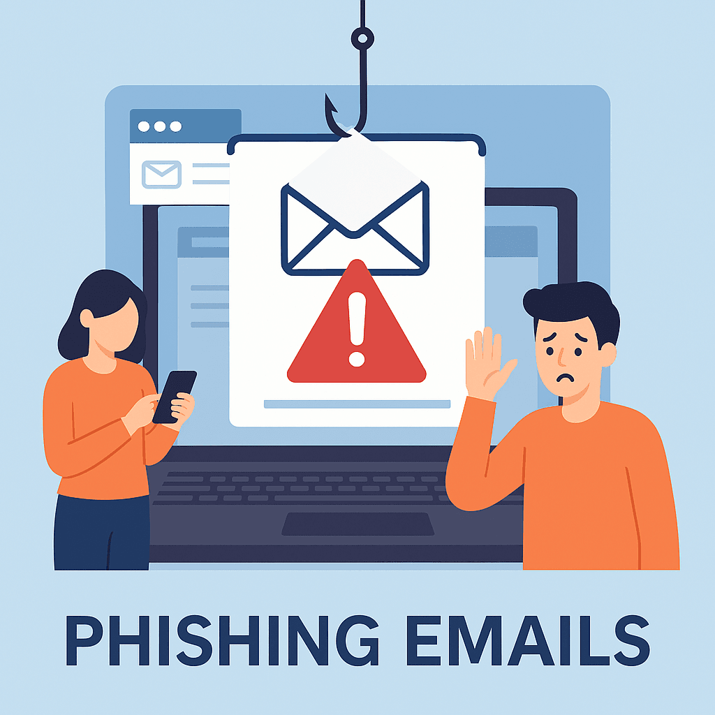 Flat-style digital illustration showing a person receiving a suspicious phishing email alert on a laptop screen.
