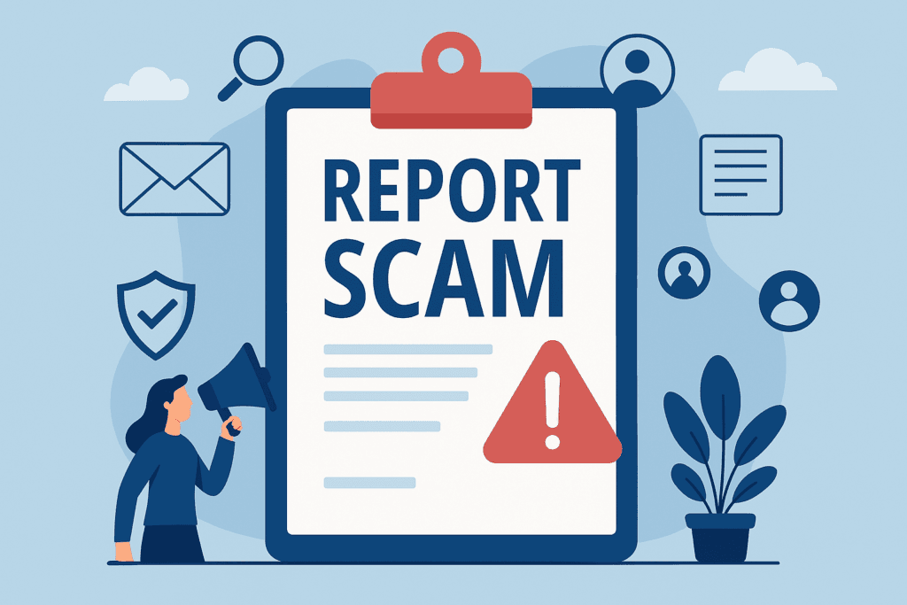 Illustration of a clipboard with scam report and magnifying glass, symbolizing scam detection and awareness.