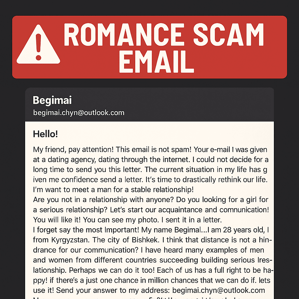 Warning banner for a romance scam email featuring a suspicious message from someone named "Begimai" claiming to seek a serious relationship.