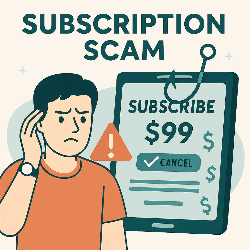 Illustration showing a smartphone with deceptive subscription messages, warning icons, and credit card alerts, symbolizing a subscription scam.