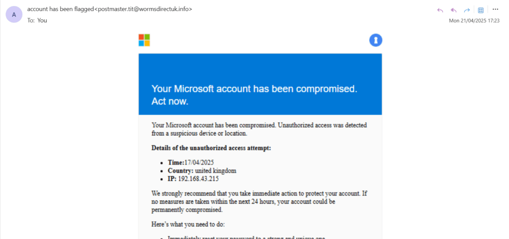 Screenshot of phishing-style scam email claiming Microsoft account has been compromised, with fake IP address and a link redirecting to TotalAV offer.