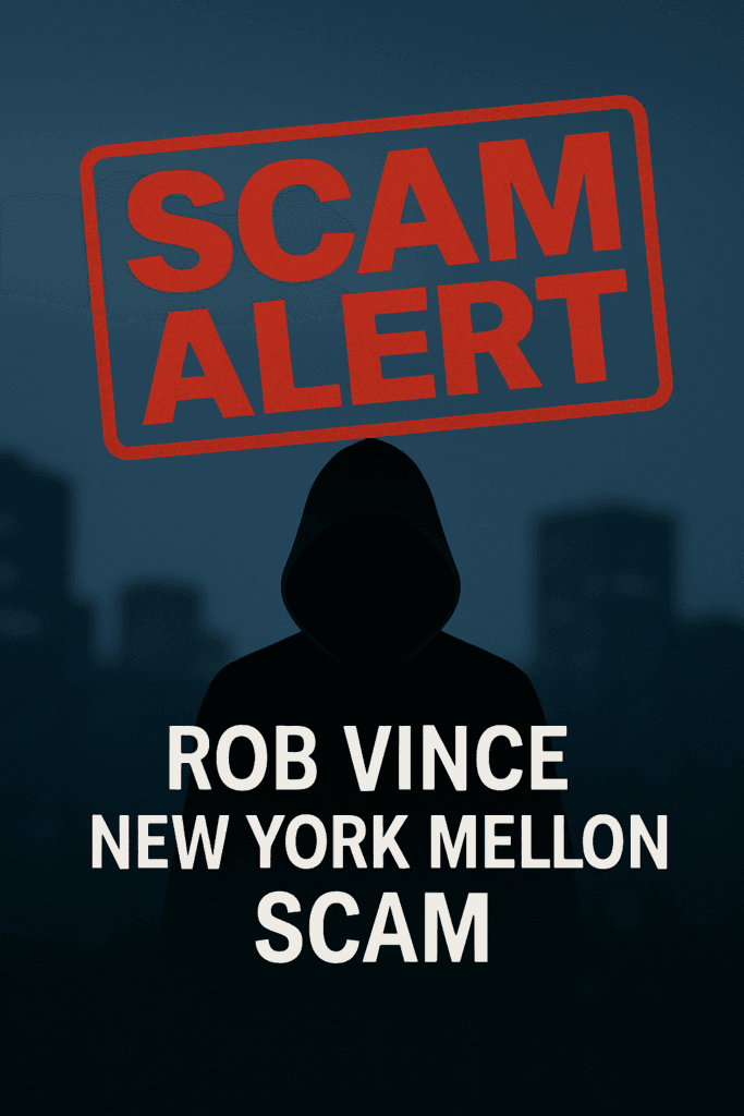 Red 'SCAM ALERT' warning above a shadowy figure with text 'Rob Vince New York Mellon Scam' against a dark city skyline