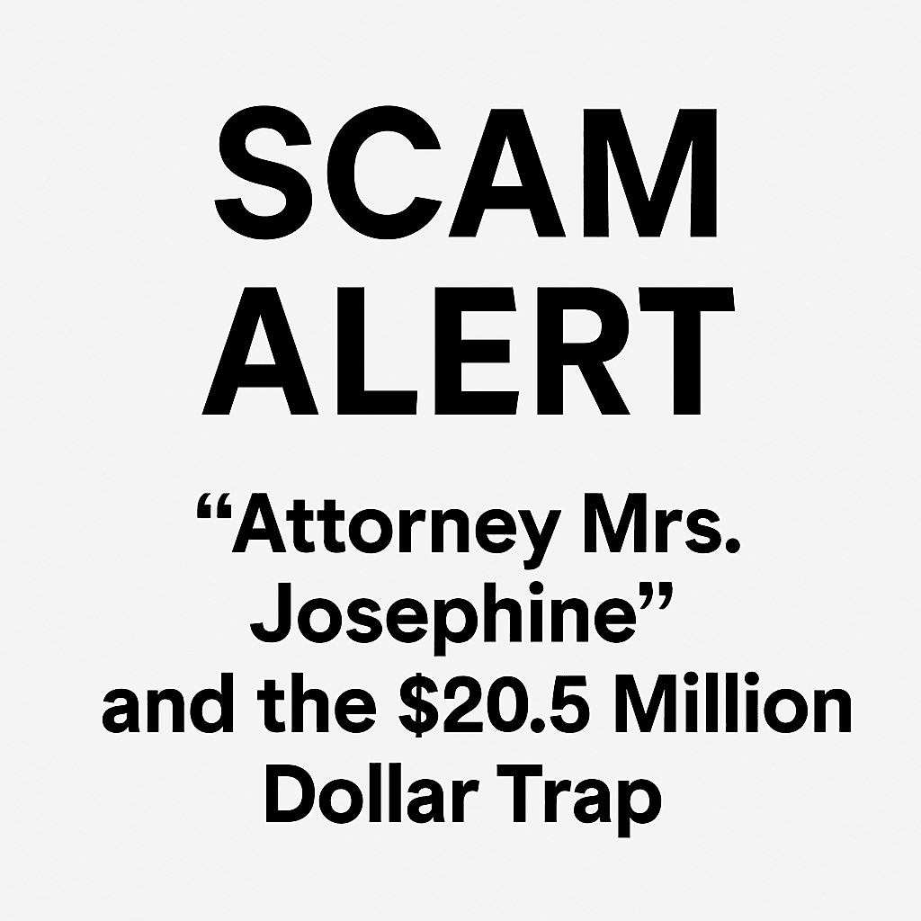 Scam alert warning graphic about the "Attorney Mrs. Josephine" $20.5 million email scam.