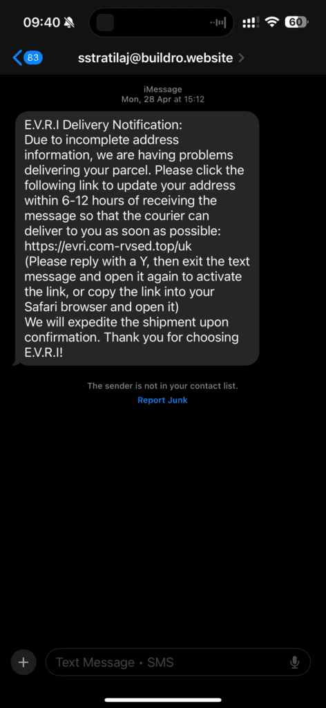 Screenshot showing an Evri Delivery phishing text message targeting users in the UK.