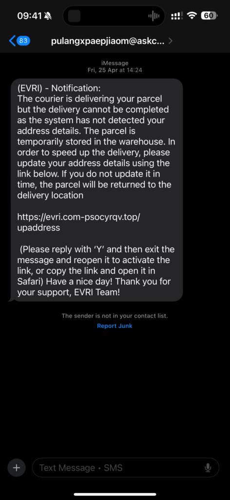 Screenshot of a fraudulent Evri text message requesting the recipient to update their address using a fake web link.
