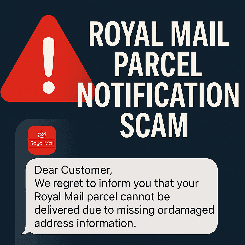 Graphic warning about a Royal Mail parcel delivery scam, featuring a red alert icon and a fake message claiming address issues with a delivery.